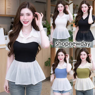 เสื้อแฟชั่น ผ้าร่องพรีเมี่ยม คอปก แขนตุ๊กตาแต่งผ้าชีฟอง ผ้าใส่สบาย ใส่ทำงาน ใส่แมท LG346