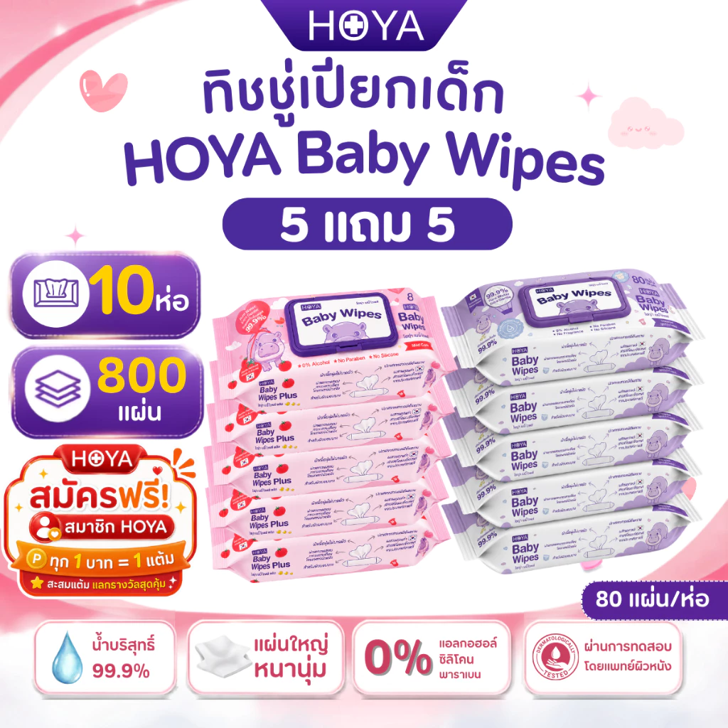 (5แถม5)ทิชชู่เปียก HOYA baby สูตรมีกลิ่นและไม่มีกลิ่น 80แผ่น/ห่อ สำหรับผิวบอบบาง ผลิตในไทย
