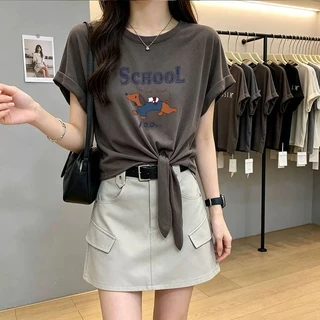 เสื้อครอปน่ารักสไตล์เกาหลี oversize เสื้อผ้าสาวอวบอ้วนไซส์ใหญ่ เสื้อยืดแบบหลวมสวยๆผู้หญิงแฟชั่นแฟชั่นมาใหม่ ผ่าด้านหลัง