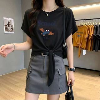เสื้อครอปน่ารักสไตล์เกาหลี oversize เสื้อผ้าสาวอวบอ้วนไซส์ใหญ่ เสื้อยืดแบบหลวมสวยๆผู้หญิงแฟชั่นแฟชั่นมาใหม่ ผ่าด้านหลัง