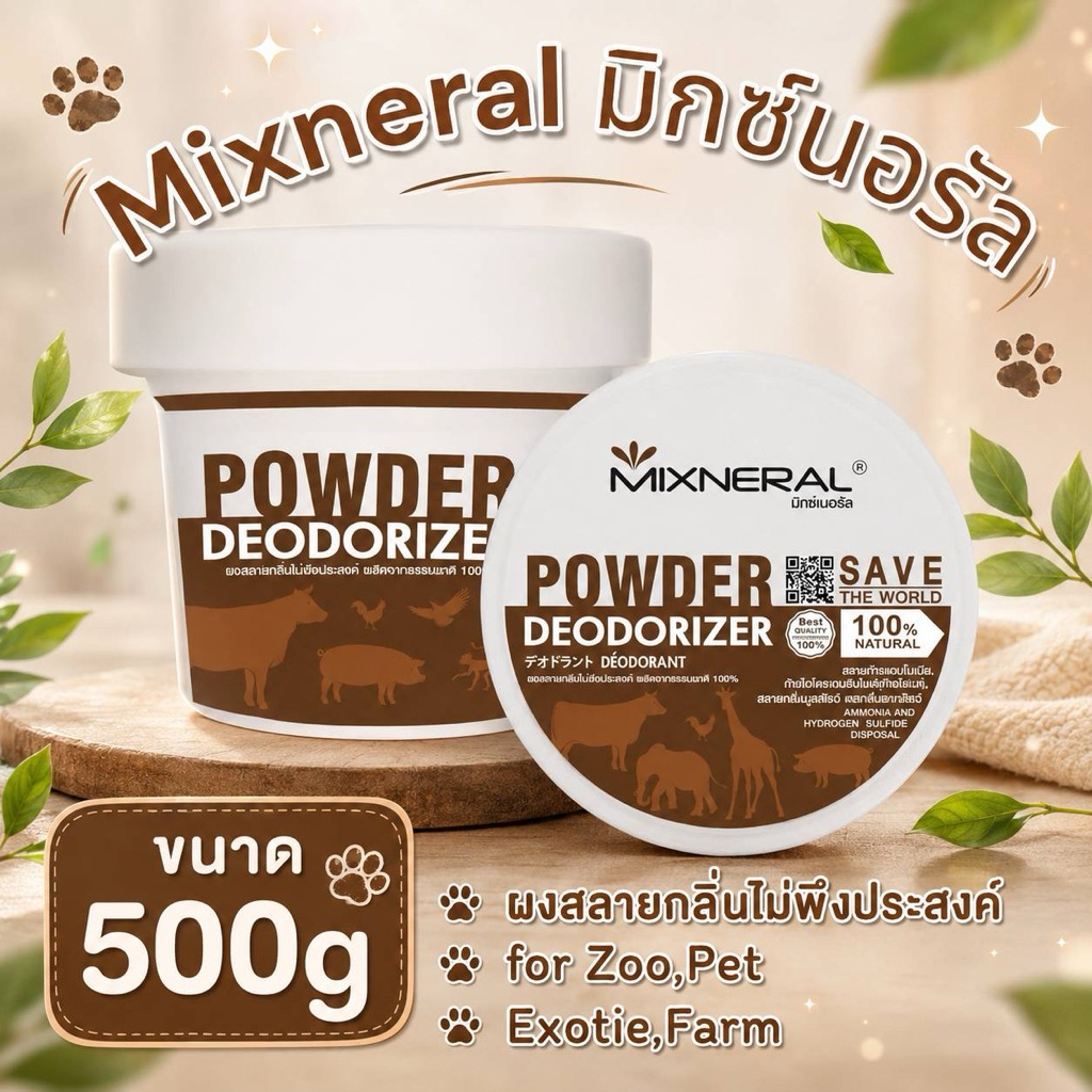 MIXNERAL for zoo ขนาด 500g.ผงดับกลิ่นสัตว์เลี้ยง100%ธรรมชาติ