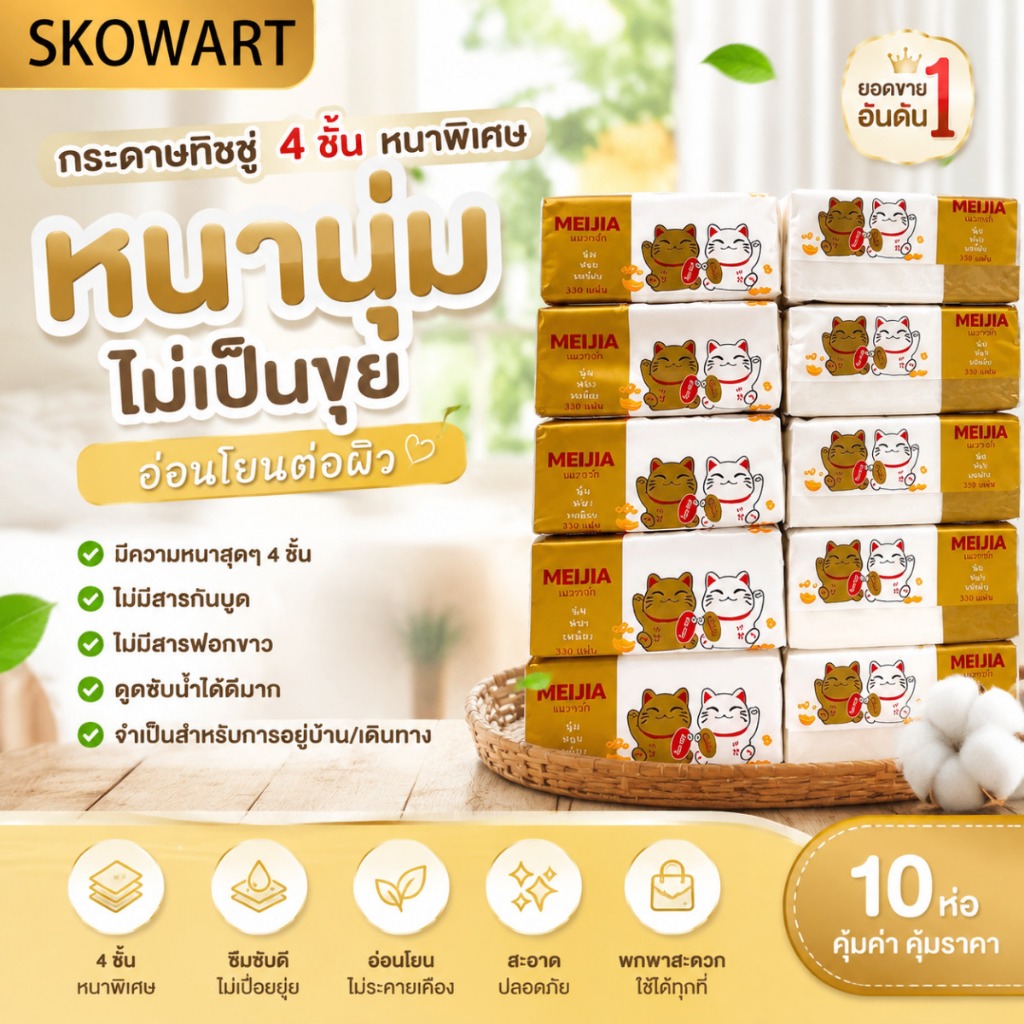 กระดาษทิชชู่แมกวัก 4 ชั้น หนาพิเศษ ไร้สารฟอกขาว | เช็ดหน้าอ่อนโยน สะดวกพกพา