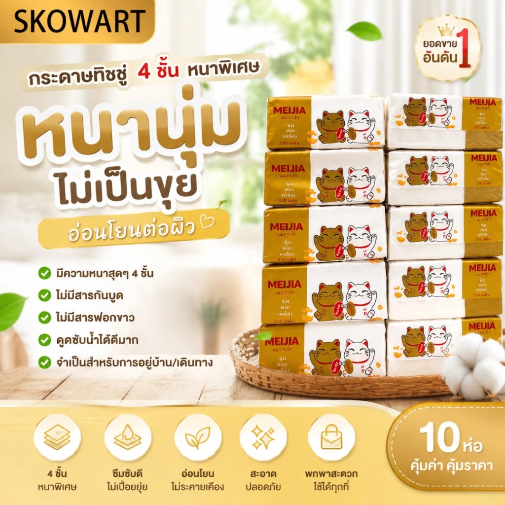 กระดาษทิชชู่แมกวัก 4 ชั้น หนาพิเศษ ไร้สารฟอกขาว | เช็ดหน้าอ่อนโยน สะดวกพกพา