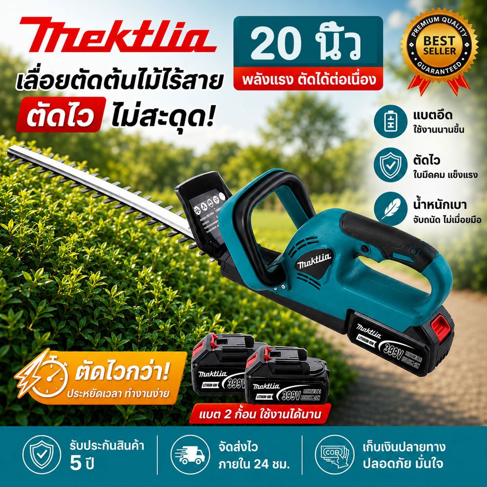 Mektlia เครื่องตัดแต่งกิ่งไม้ไร้สาย 20 นิ้ว เครื่องตัดแต่งพุ่มไม้ แบตเตอรี่ 2 ก้อน ตัดกิ่งไม้ได้รวดเร็ว น้ำหนักเบา พร้อม