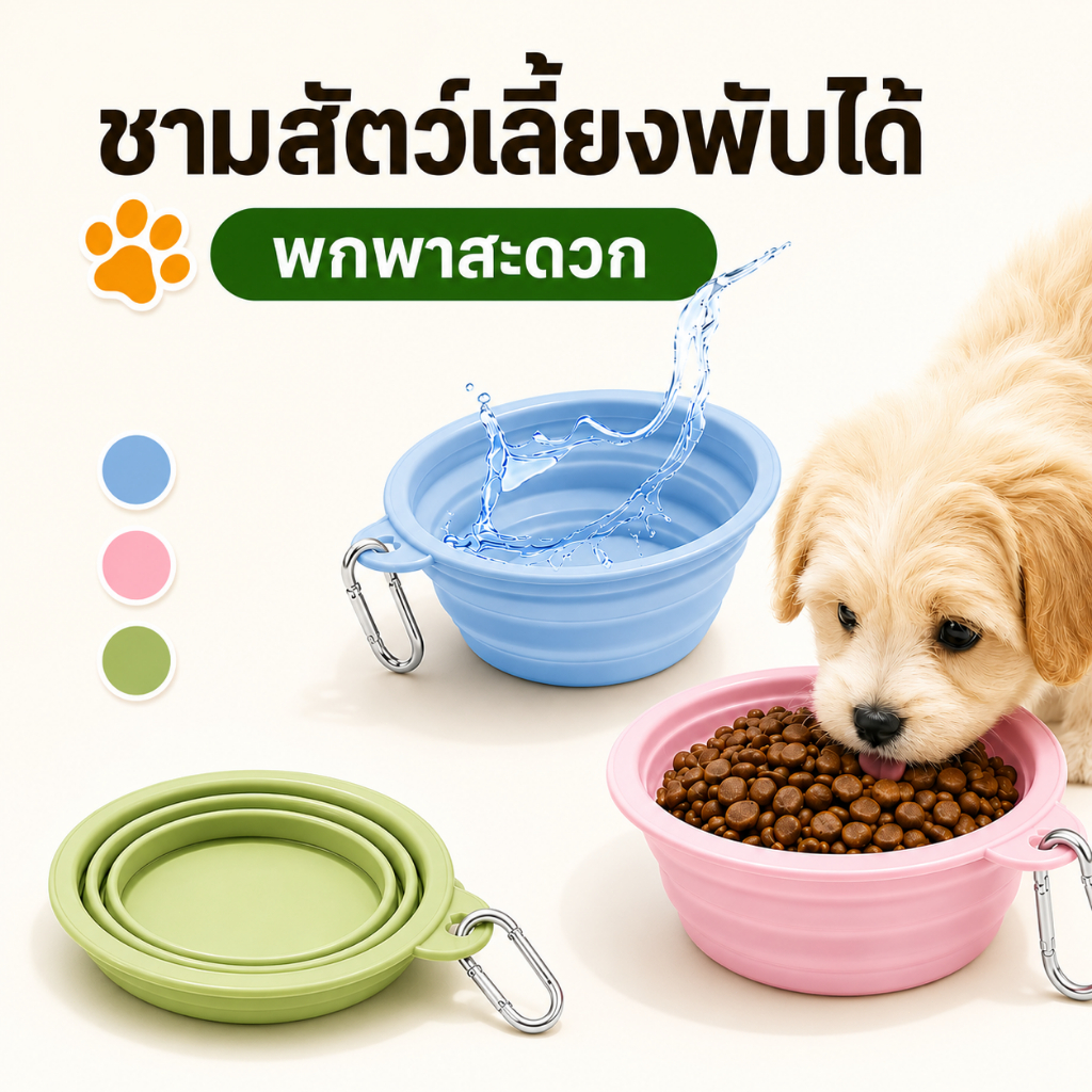 ชามพับได้สัตว์เลี้ยง ซิลิโคนพกพา ชามอาหารน้ำสุนัขแมว พร้อมตะขอเกี่ยว คาราบิเนอร์ ใช้เดินทาง แคมป์ปิ้ง