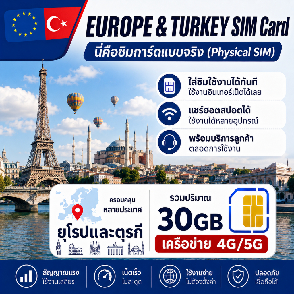 Europe Turkey SIM ซิมตุรกี ยุโรป อังกฤษ เยอรมัน อิตาลี สวิตเซอร์แลนด์ เน็ต 4G/5G ใช้ได้ 5~30 วัน