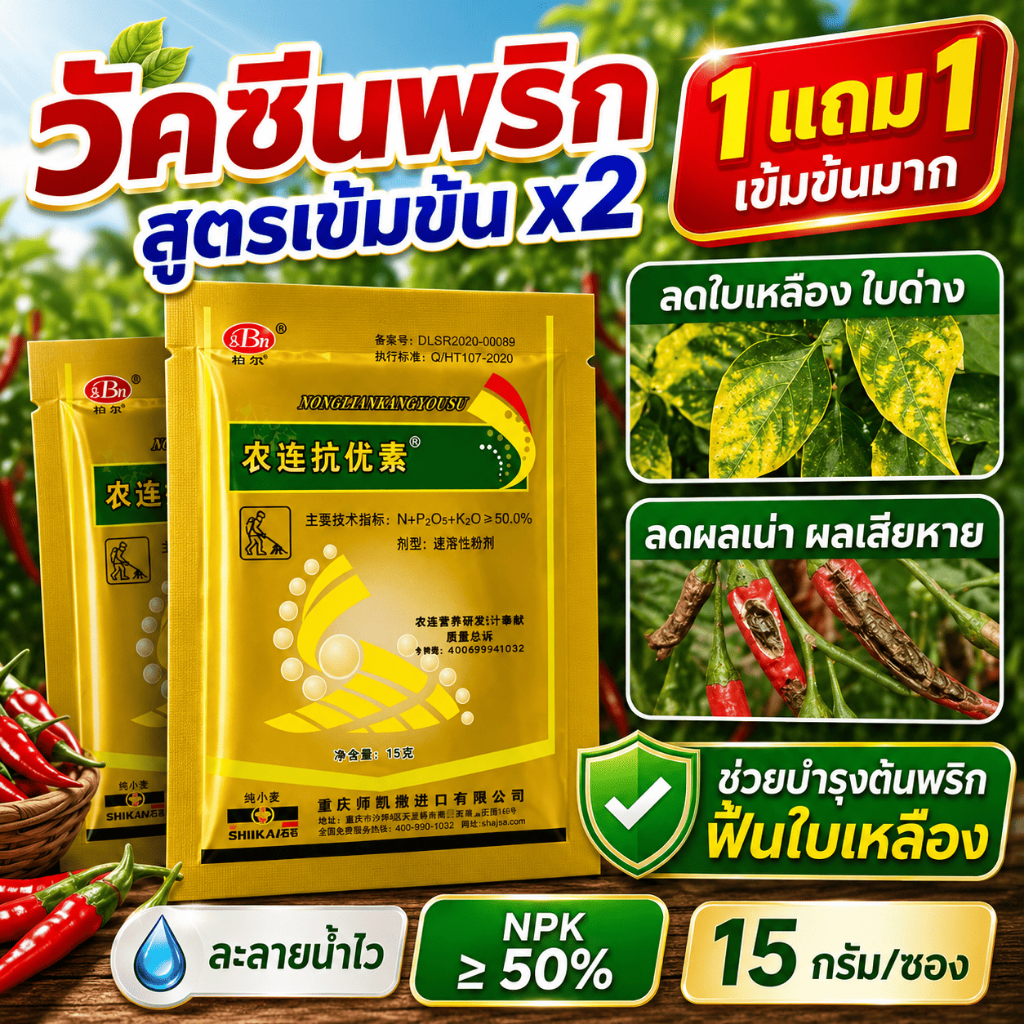 COD วัคซีนพริก วัคซีนพืช สูตรเข้มข้น x2 ซื้อ 1 แถม 1 ลดปัญหาใบเหลือง ใบหยิก ใบด่าง ผลเน่า โคนเน่า โรคกุ้งแห้ง