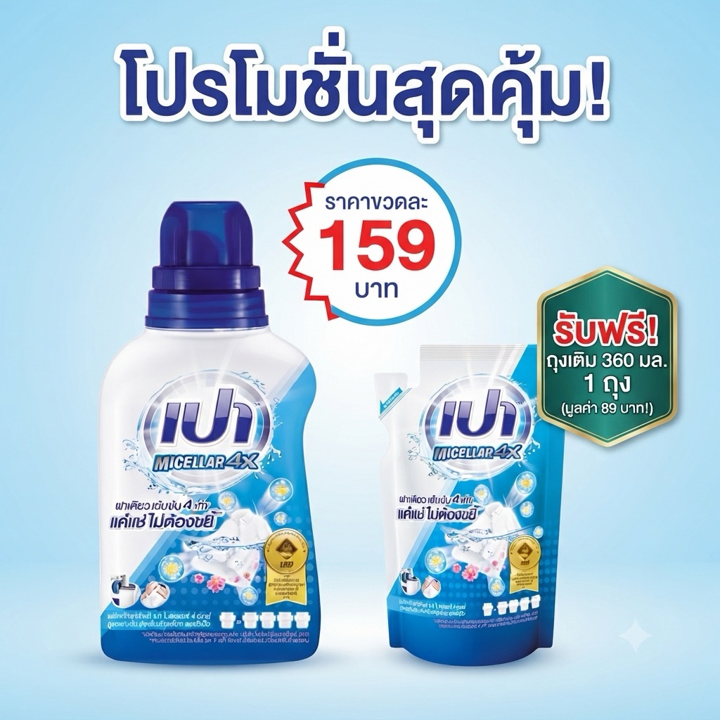1แถม1 ถูกมาก เปาไมเซลลาร์x4 เข้มข้น ขนาด460มล 1ชิ้น ฟรี ถุงเติม 360 มล. 1ชิ้น