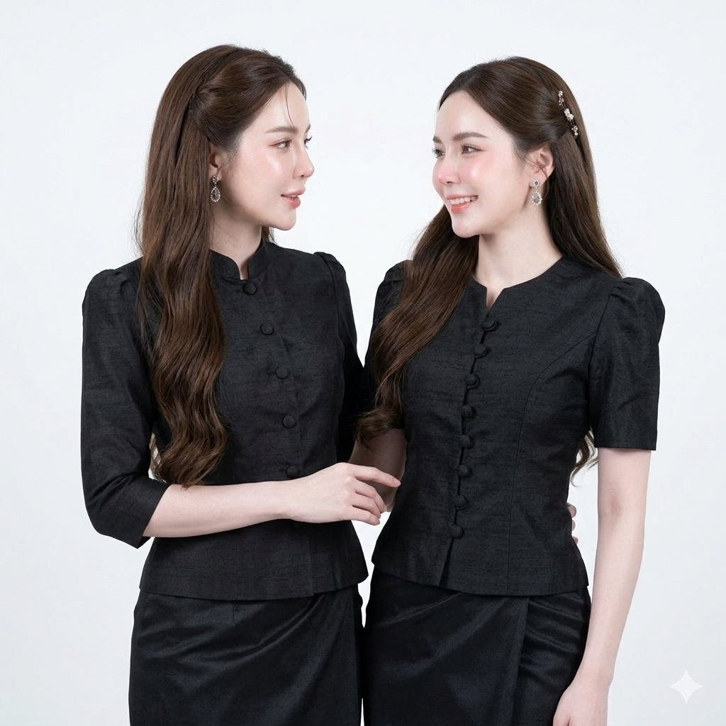 เสื้อไหมลาวผ้าไหมหม่อน คอหยดน้ำ คอจีน กระดุมหน้า โทนสีดำสุภาพ สุภาพ อก32-44นิ้ว [รหัส ยน]