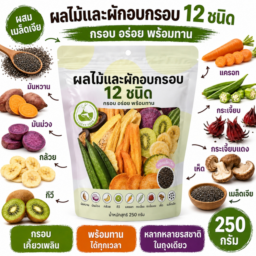 ผลไม้อบกรอบ 250g ผักอบกรอบ 12 ชนิด ผสมเมล็ดเจีย ขนมทานเล่น พร้อมทาน ส่งฟรี