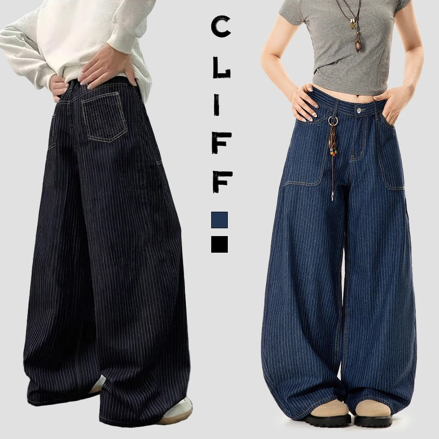CLIFF กางเกงยีนส์ขายาวทรงหลวมผู้ชาย ลายทางตั้ง สไตล์เกาหลี ยูนิเซ็กซ์ ดูผอม เอวสูง หลายกระเป๋า พักผ่อน พร้อมส่ง