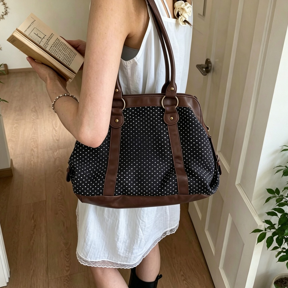 พร้อมส่ง 2026 กระเป๋าสะพายข้างผู้หญิง ลายจุดขาวดำ สไตล์วินเทจ ใส่ ไอแพด ได้ ความจุใหญ่ บาแก็ตผ้าใบ