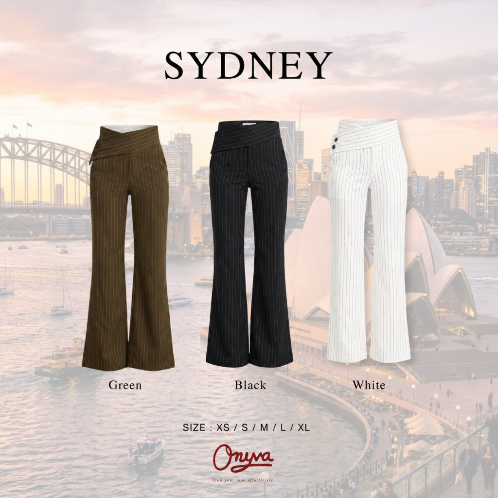 Onyva SYDNEY Pants -  กางเกงผู้หญิงเอวสูงขากระบอกตรง ดีไซน์เก็บหน้าท้องเอวไขว้ กางเกงเอวสูง ขากว้าง ลายริ้ว ใส่ทำงาน