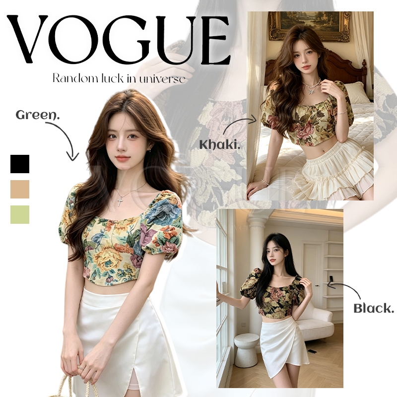 Vogue🌟พร้อมส่ง🌟 เสื้อครอปลายแขนพองลายดอก ปลายแขนพอง ผ้าลายผ้าสาน ทรงสั้นโชว์เอว สไตล์สาวหวานโคตเทจ (Y1219)