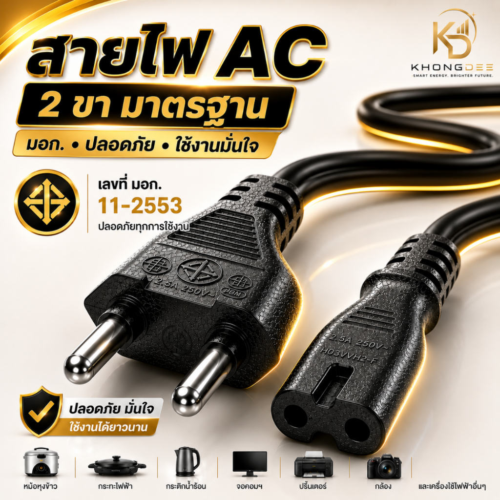 สายไฟAC 2รูใช้กับเครื่องใช้ไฟฟ้าทุกชนิด มีมาตรฐานการผลิต สายปลั๊กกลม มอก. ไม่มีกราวด์