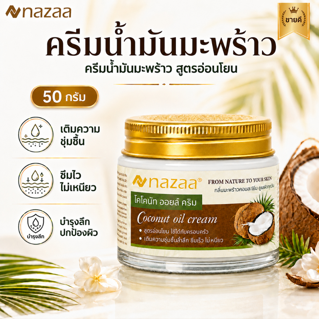 NAZAA น้ํามันมะพร้าว ครีม น้ํามันมะพร้าวสกัดเย็น 100% 50g/100g สำหรับผิวหน้าและตัว แก้ผิวแห้งกร้าน ให้ผิวชุ่มชื้น