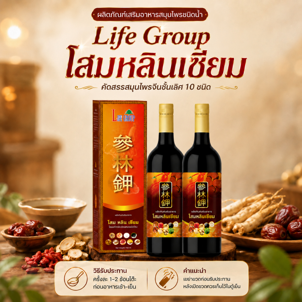 โสมหลินเซียม (Som Lin Seam) ผลิตภัณฑ์เสริมอาหารสมุนไพรจีนชนิดน้ำ ขนาด 750 ml.