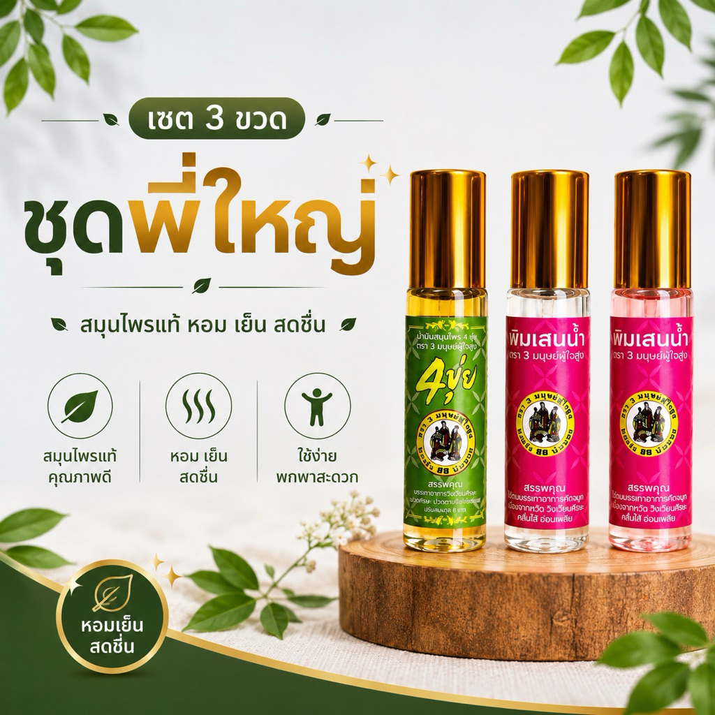 เซต 3 ขวด ชุดพี่ใหญ่: น้ำมันสมุนไพร+พิมเสนน้ำ ตราสามมนุษย์ผู้ใจสูง