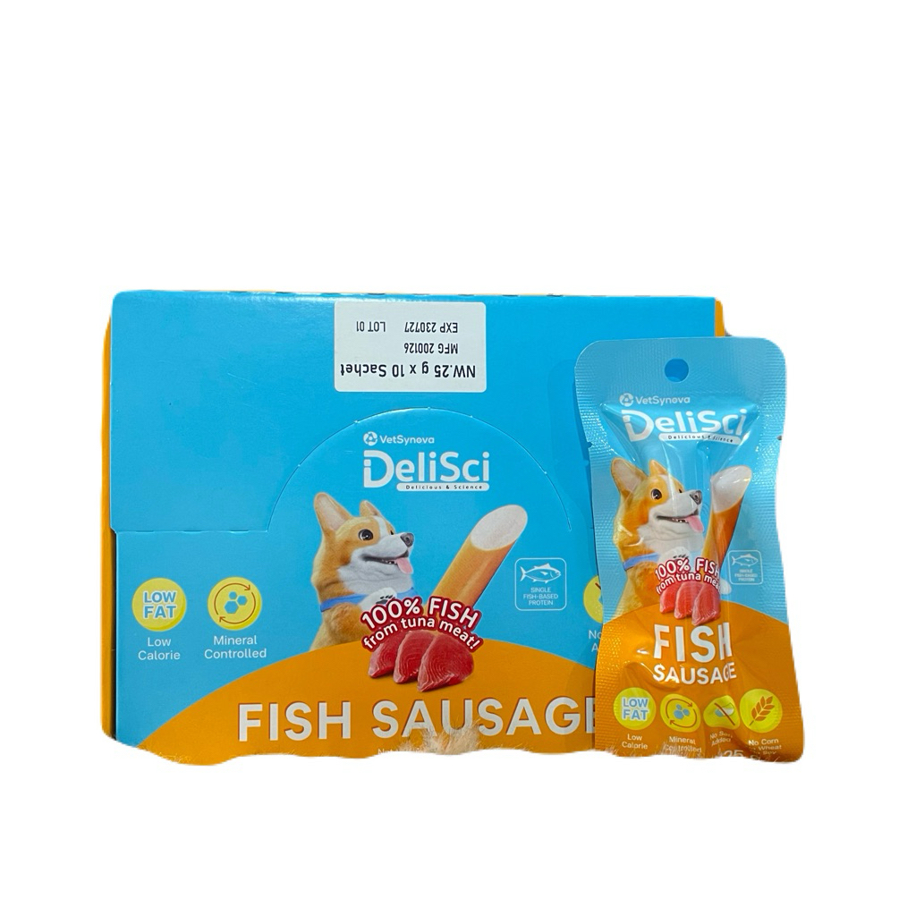 DeliSci Fish Sausage กล่องบรรจุ 10 ชิ้น ขนมไส้กรอกปลา สำหรับสุนัข