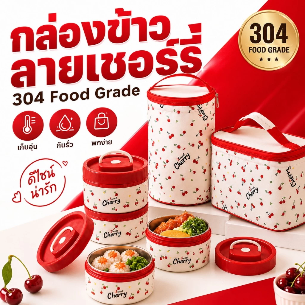 SEELANG ONE ปิ่นโตสแตนเลส 304 ลายเชอร์รี่ 4 ชั้น 2400ml พร้อมกระเป๋าเก็บอุณหภูมิ อุ่นไมโครเวฟได้ ฝาล็อกแน่น พกพาสะดวก