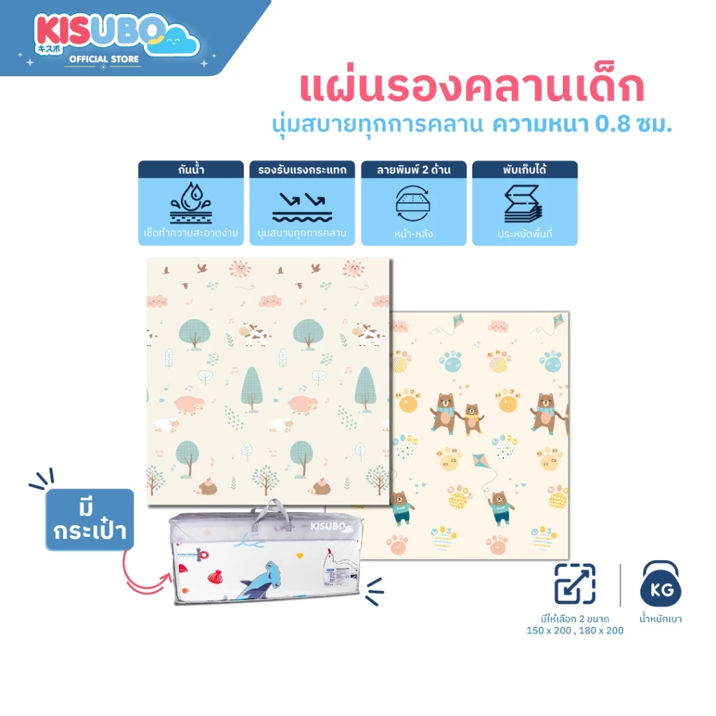 Kisubo Thailand แผ่นรองคลานเด็ก ความหนา 0.8 CM. แบบพับเก็บได้ ทำความสะอาดง่าย