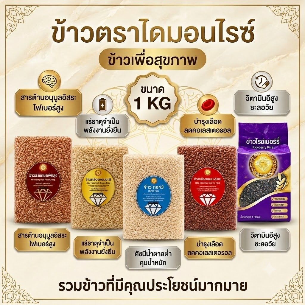 ข้าวกล้องหอมมะลิ ข้าวกล้องหอมมะลิแดง ข้าวไรซ์เบอร์รี่ ข้าวกข43 ข้าวสามกษัตริย์ ข้าวสี่สหาย ข้าวสังข์หยดพัทลุง