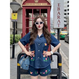 A1559 ชุดเซต เสื้อ + กางเกงยีนส์ ขาสั้น ปักลาย ดอกไม้ ผีเสื้อ
