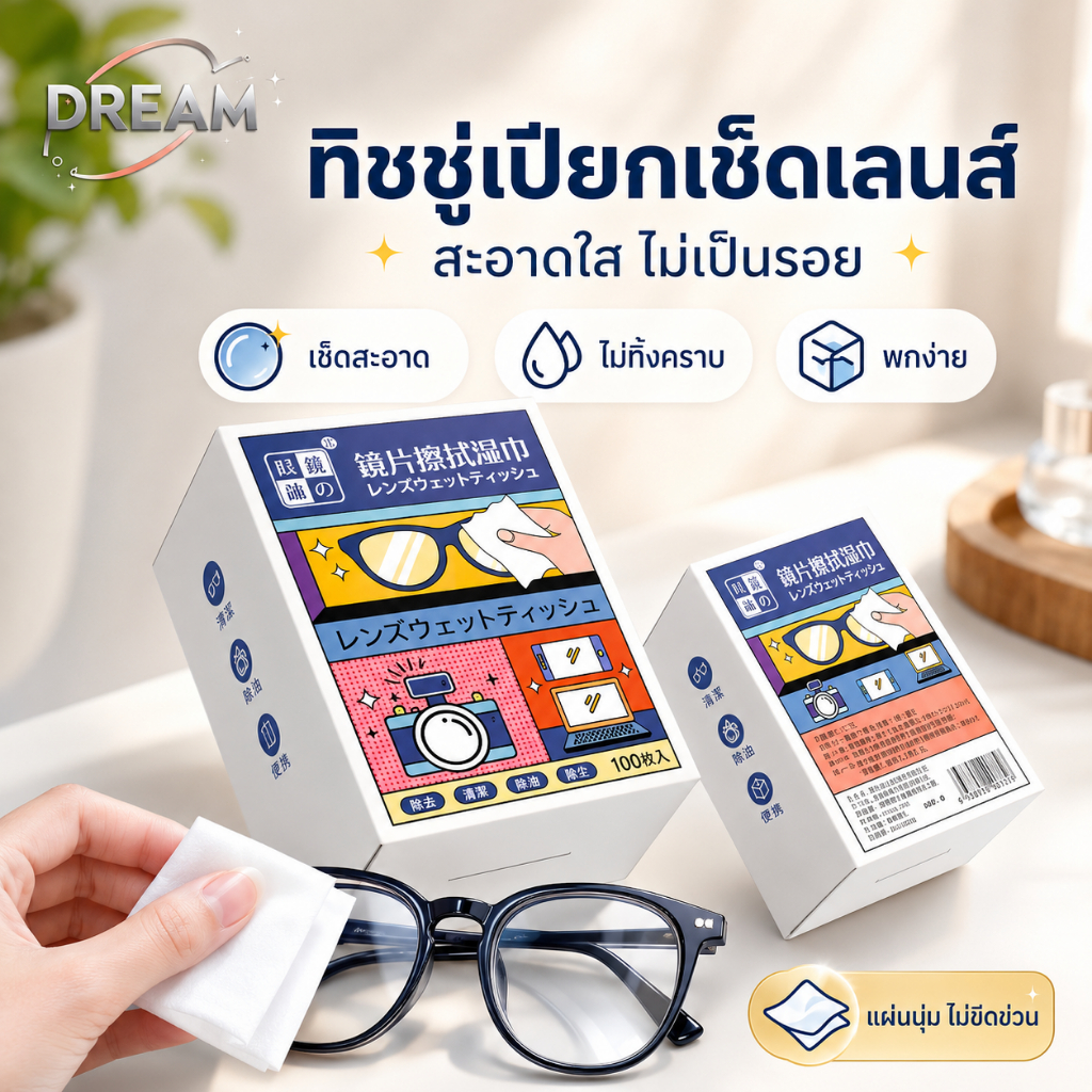 แผ่นเช็ดแว่นตา 100 ชิ้น แผ่นเช็ดเลนส์ กล้อง มือถือ หน้าจอคอม เช็ดคราบมัน รอยนิ้วมือ ใช้งานสะดวก