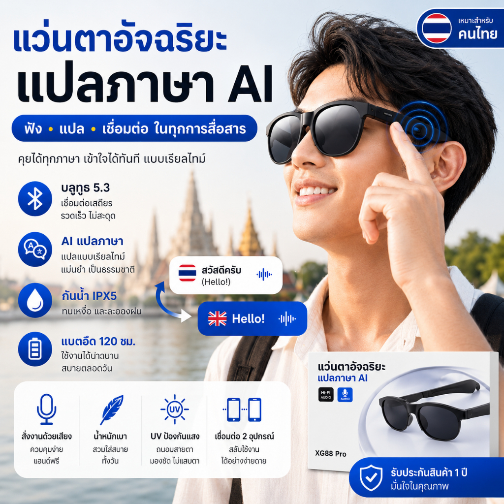AI Smart Glasses แว่นแปลภาษาอัจฉริยะ Bluetooth 5.3 แปลภาษาแบบเรียลไทม์ กันน้ำ IPX5 ใช้งานง่าย