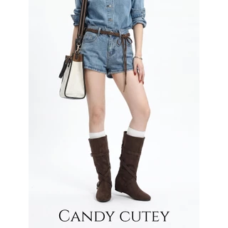 CandyCutey รองเท้าบู้ทยาวสไตล์เกาหลี ผู้หญิง ส้นเอียงนุ่ม ไม่ร้อนเท้า ดีไซน์ทำให้ขาดูยาว เข้ากับทุกชุดเสื้อผ้า