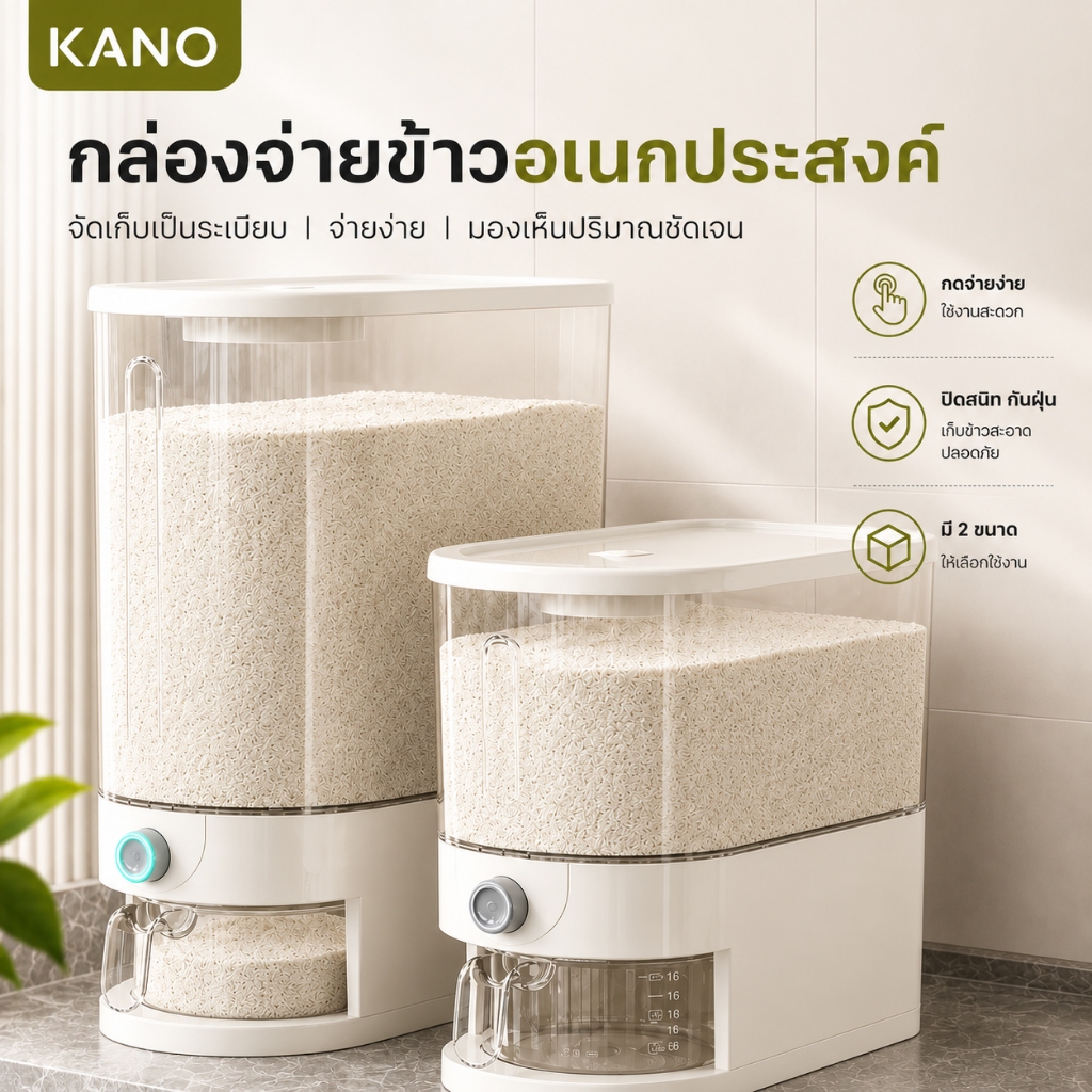 KANO ถังข้าวสาร ข้าวสาร กล่องเก็บข้าวสารป้องกันความชื้น ใช้งานสะดวก กดปุ่ม ข้าวจะไหลออกมาเอ