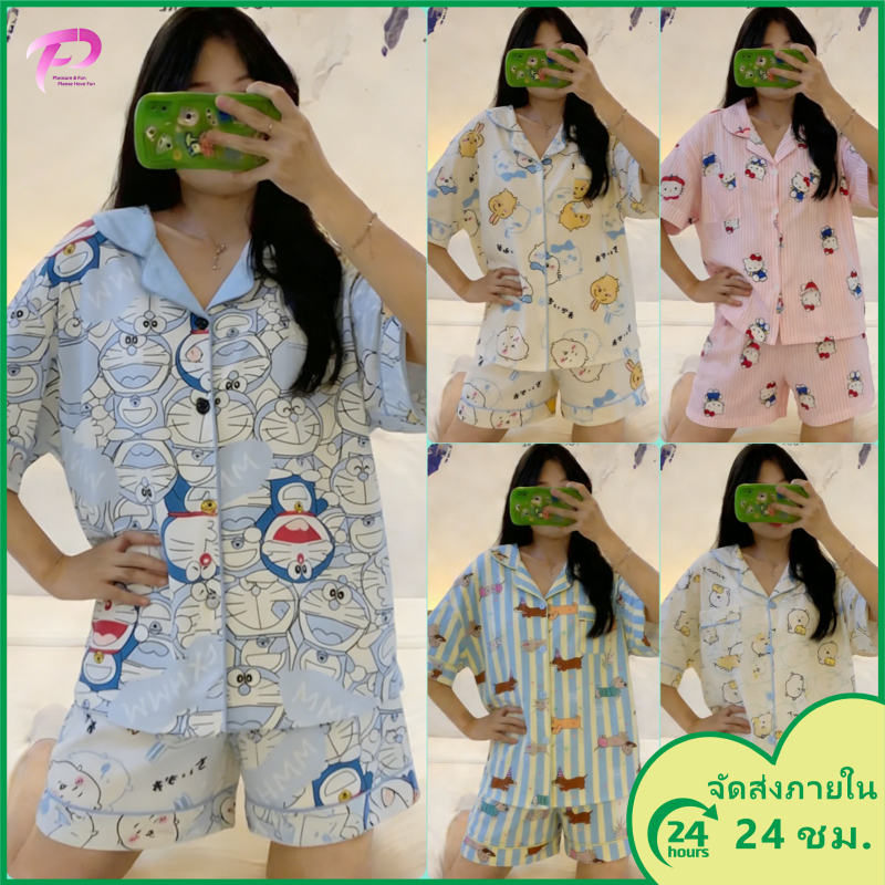 ชุดนอนเซตเสื้อแขนสั้นลายการ์ตูนน่ารัก ผู้หญิงหน้าร้อน ผ้าฝ้ายเทียมนุ่ม ไซส์M-XXL พร้อมส่ง24ชม.