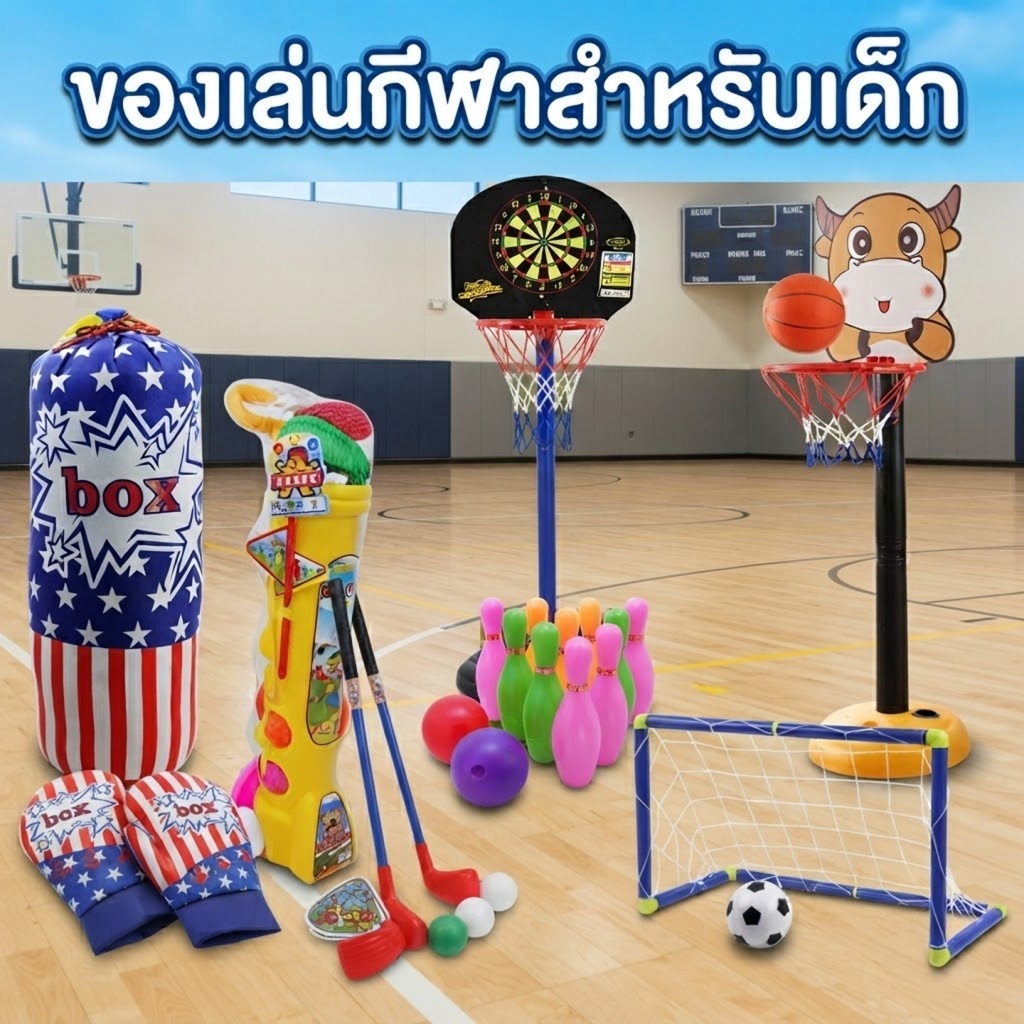 ของเล่นชุดรวมอุปกรณ์กีฬาสำหรับเด็กฟุตบอล,บาส,โบว์ลิ่ง,กระสอบทรายต่อยมวยและกอล์ฟ