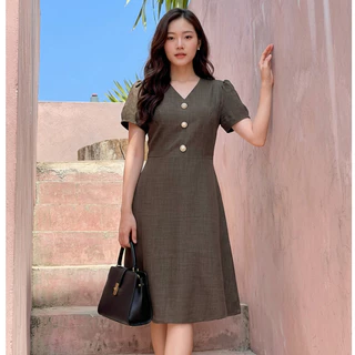 PNK047 Mila Dress✨ เดรสคอวี แขนสั้น กระดุมหน้า ผ้าทิ้งตัวสวย ใส่แล้วดูสุภาพ เรียบร้อย Pinky Dressy