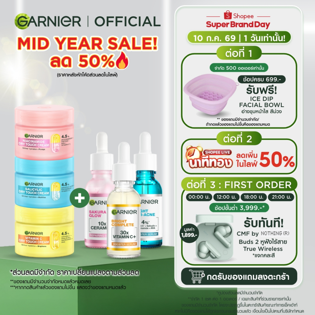 [เซตสุดคุ้ม] ซาลิไซลิคดรายทัชครีม + เซรั่ม 30มล. Garnier, ครีมบำรุงผิวหน้า ครีมทาหน้า ครีมโมจิผิวเด้งนุ่มกระจ่างใส