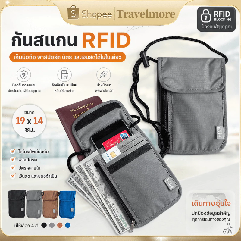 กระเป๋าคล้องคอกันสแกน RFID ใส่พาสปอร์ต บัตร เอกสาร โทรศัพท์ กุญแจ และกล้อง CCD ขนาดเล็ก กระเป๋าสะพายอกพกพาสำหรับเดินทาง