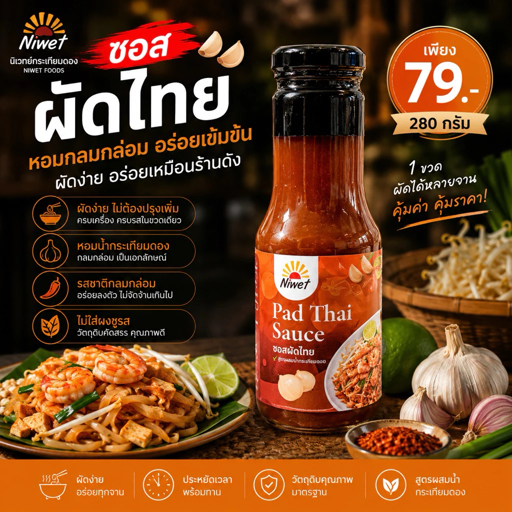 ซอสผัดไทย Niwet สูตรเข้มข้น ผัดไทยอร่อยใน 5 นาที ขวดเดียวจบ ไม่ต้องปรุงเพิ่ม