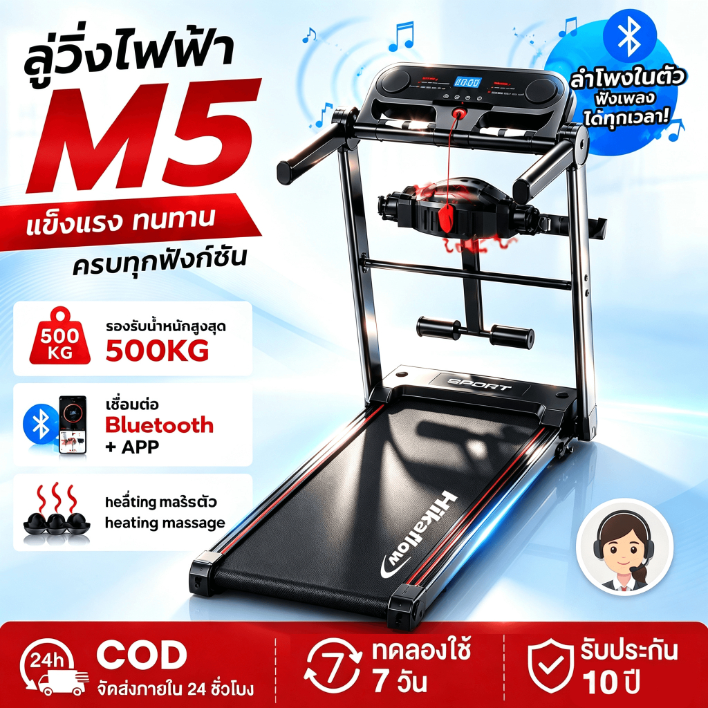 ลู่วิ่งไฟฟ้าใช้ในบ้าน รองรับ500KG 5.0HP ปรับเอียง0-20° เบาะกันสั่นพระจันทร์ บลูทูธ+APP วัดชีพจร