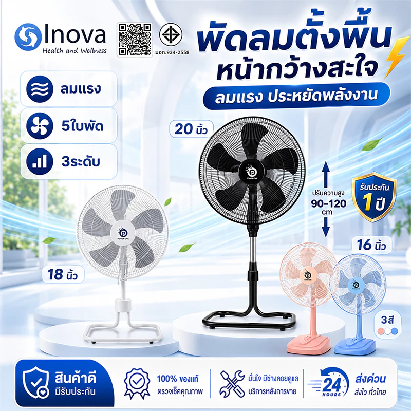 พัดลม พัดลมตั้งพื้น ขนาด16/18/20นิ้ว ปรับระดับ 3 ระดับ ขาเหล็ก ฐานใหญ่มั่นคง แรงลมทั่วถึง