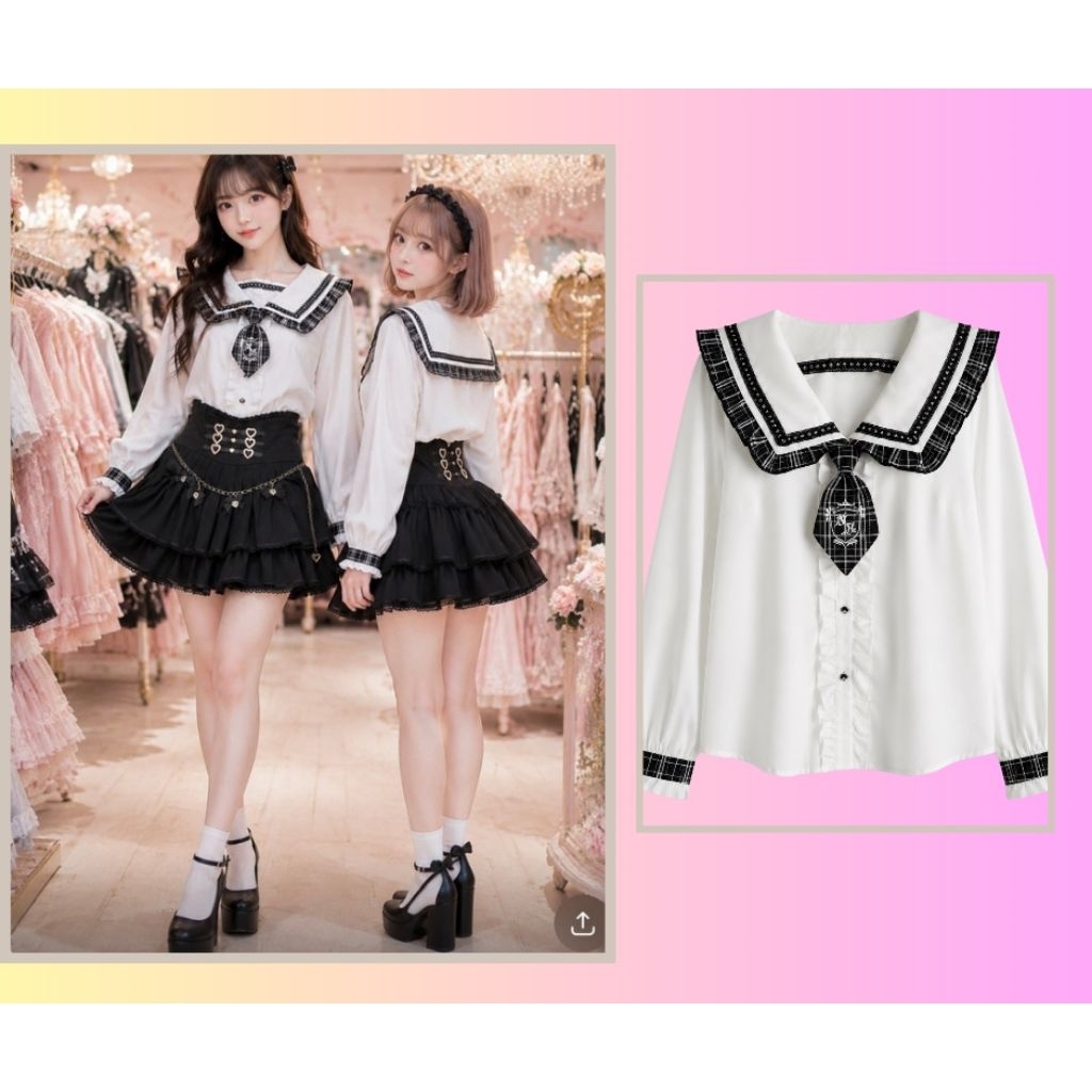 เสื้อปกกะลาสี แบรนด์ NOEMIE มือ 1 ของใหม่ ปกทหารเรือประดับมุกและลูกไม้ มีเนคไท กระดุมเพชร 😘💕แบรนด์ญี