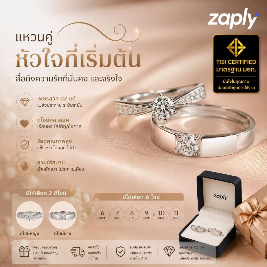 แหวนคู่ 1 คู่ สีทองเงินทำจากบรัส ดีไซน์เรียบหรูประดับคริสตัล เครื่องประดับแฟชั่นคู่รัก เหมาะสวมใส่งานแต่งงาน ปรับขนาดวงแ
