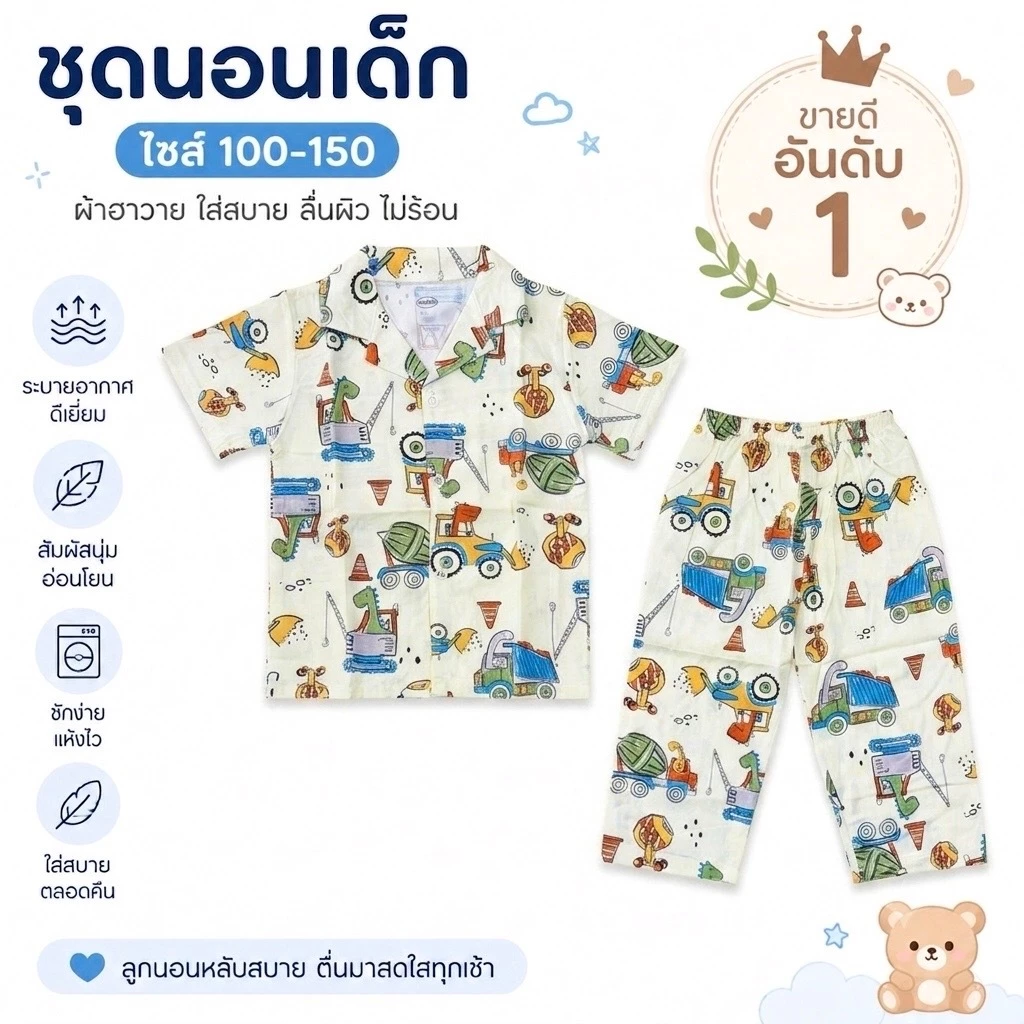 ชุดนอนเด็กคอปก ชุดนอนเด็กชาย เด็กหญิง ผ้าฮาวาย แขนสั้นขา 5 ส่วน มีกระดุมหน้า เนื้อผ้านุ่มใส่สบาย สีสันสดใส ไซส์ 100-120 thumbnail 5