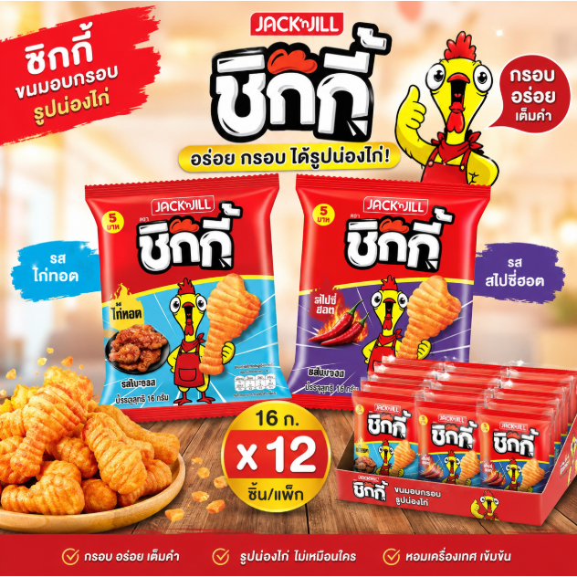 ชิกกี้ ขนมอบกรอบ รูปน่องไก่ รสชาติต่างๆ ขนาด 16 ก. x 12 ชิ้น