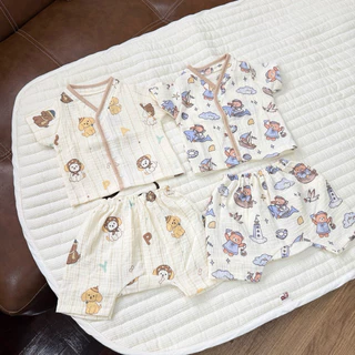 J02ชุดกระดุมคอตั้ง เสื้อแขนสั้น+กางเกงแพมเพิสเด็กแรกเกิดงานตัดเย็บในประเทศไทย