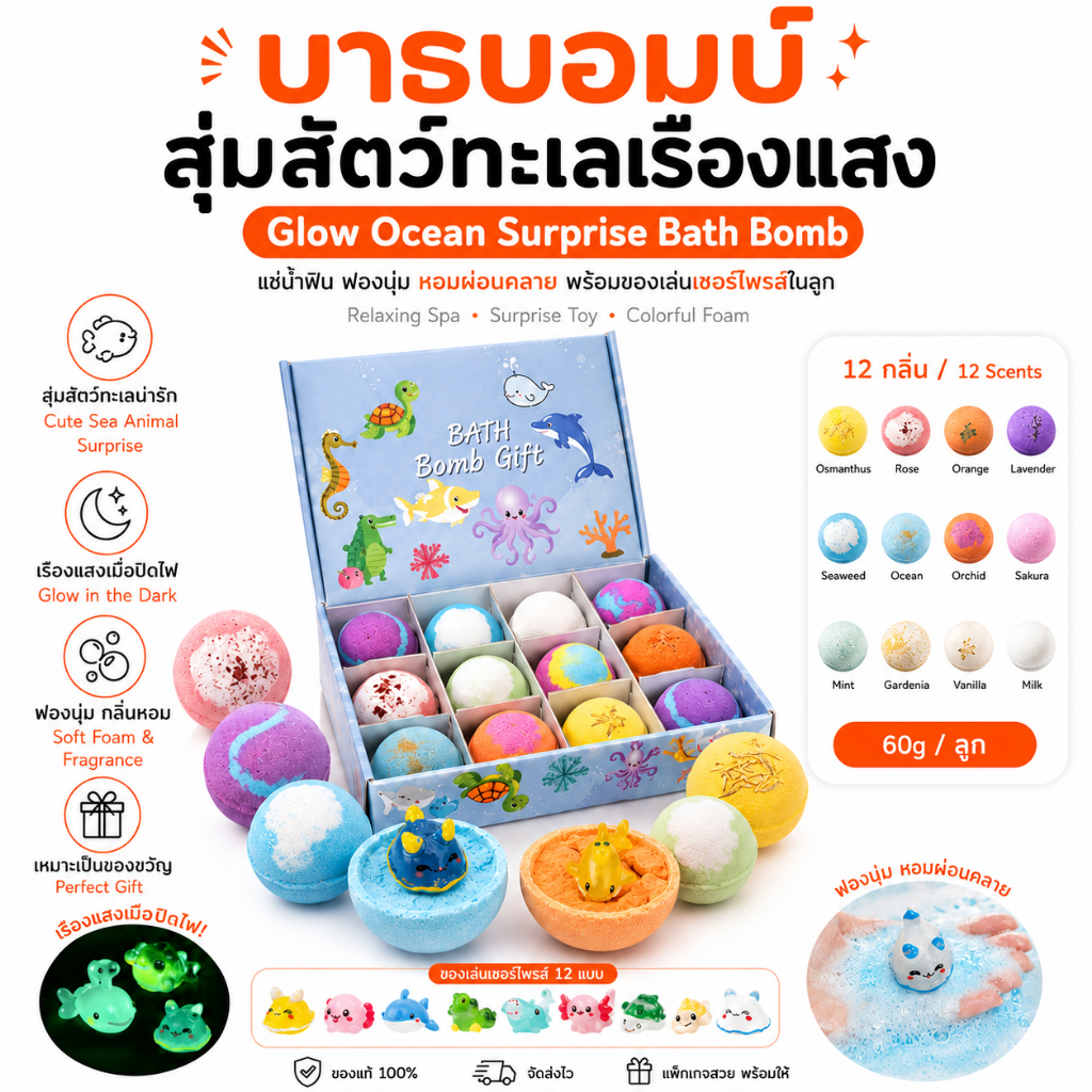 Bath Bomb สุ่มสัตว์ทะเลเรืองแสง บาธบอมบ์อาบน้ำ สบู่แช่อ่าง ราคาต่อชิ้น สุ่มกลิ่น