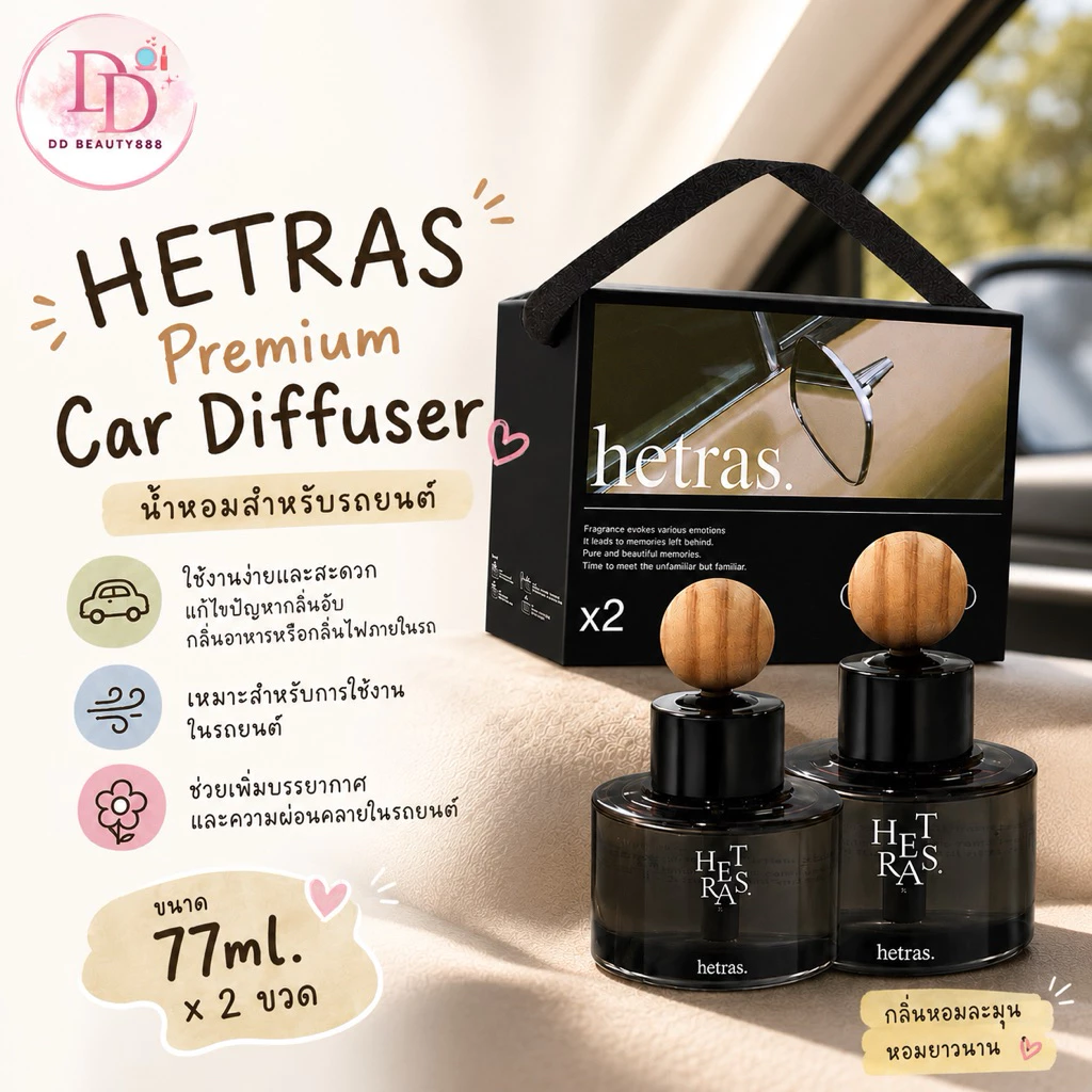 น้ำหอมสำหรับรถยนต์ HETRAS Premium Car Diffuser ขนาด 77ml. x 2 ขวด ใช้งานได้ง่าย สะดวก