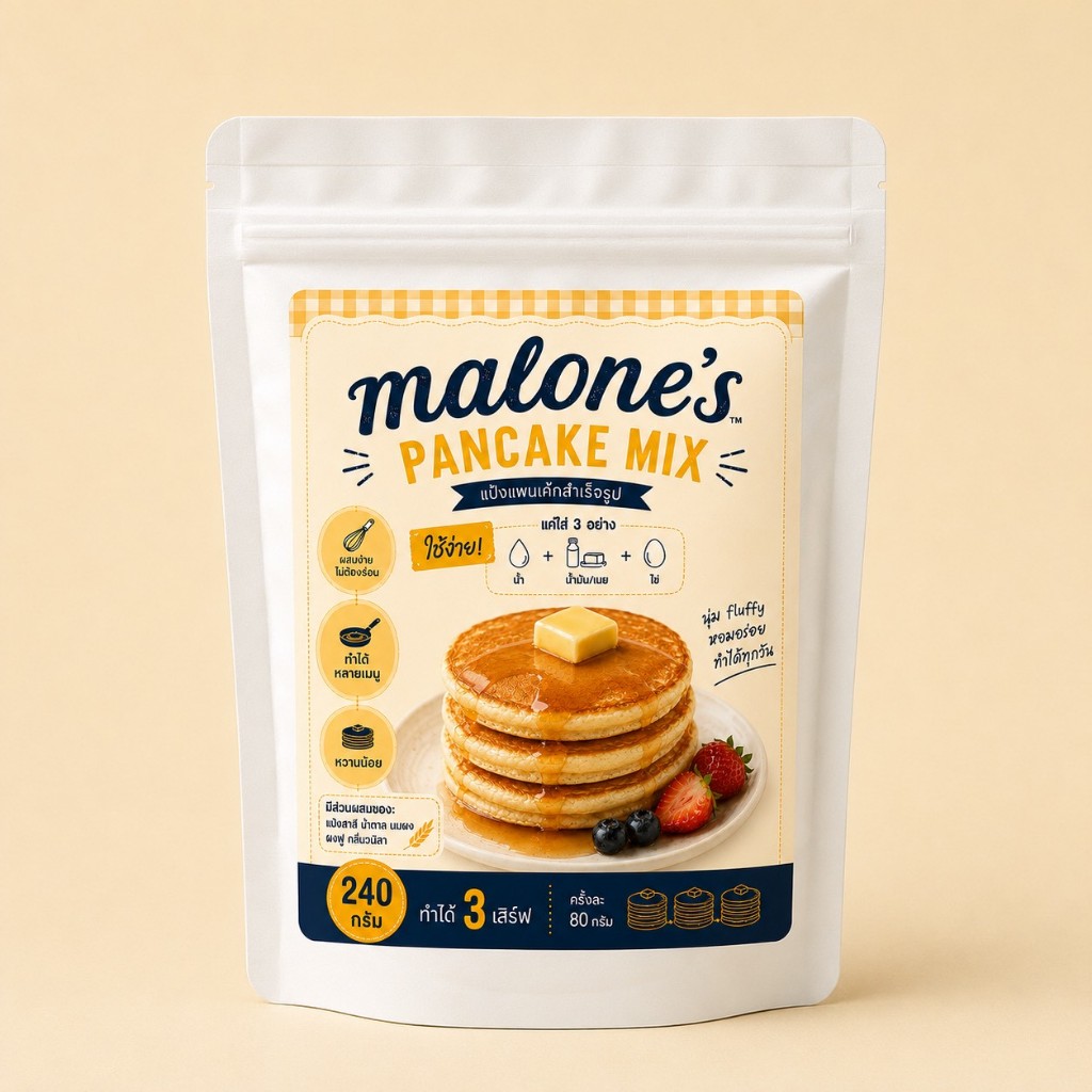 (New) แป้งแพนเค้ก malone สูตรนุ่มฟู ทำง่าย (ไม่ใส่โปรตีน) Flufffy Pancake Mix (No protein added)