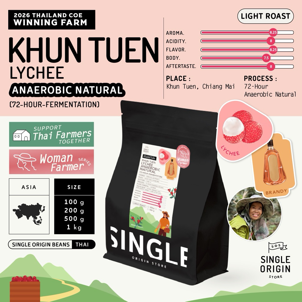 เมล็ดกาแฟคั่วอ่อน Khun Tuen - Chiang Mai Lychee Anaerobic Natural
