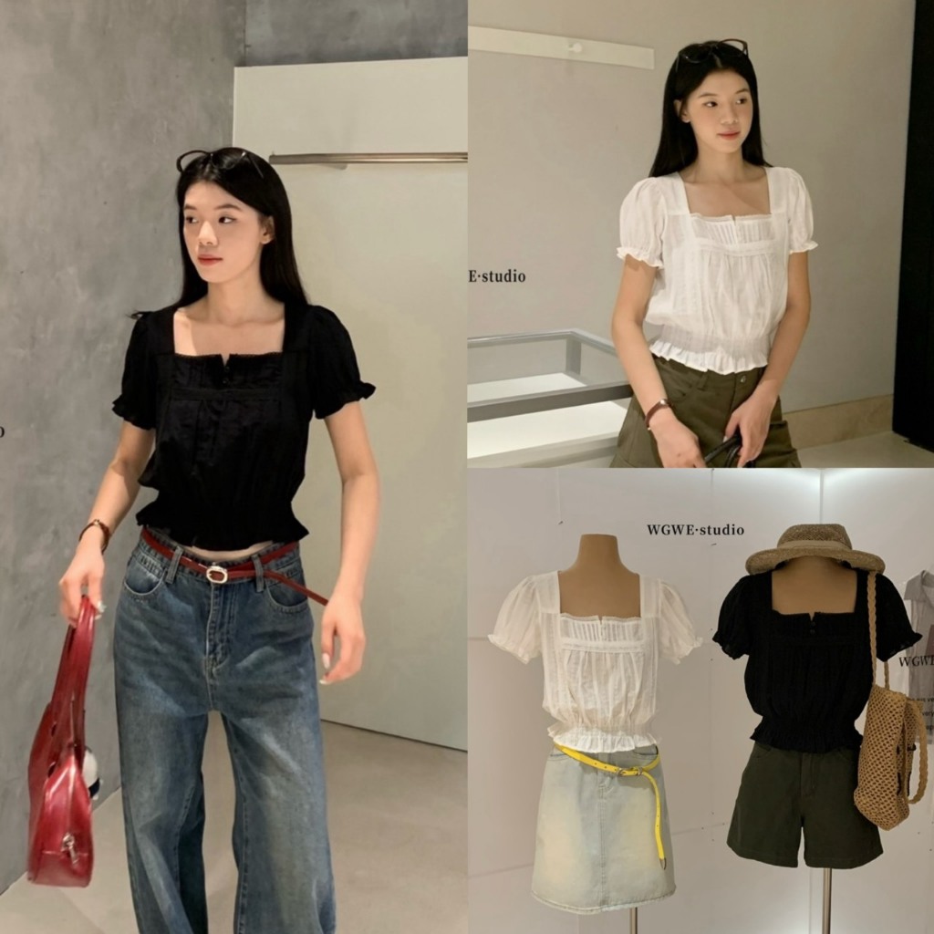 เสื้อแขนสั้นคอเหลี่ยมแต่งลูกไม้จั๊มเอว - 10175 TAG WG.WE