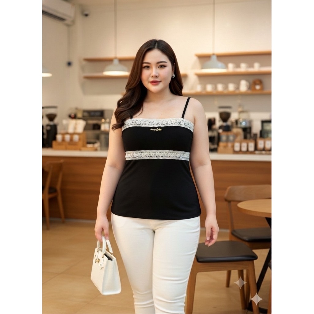 เสื้อสายเดี่ยวแต่งลูกไม้ยืด ผ้าCottonยูนิโคล่ อก38-46